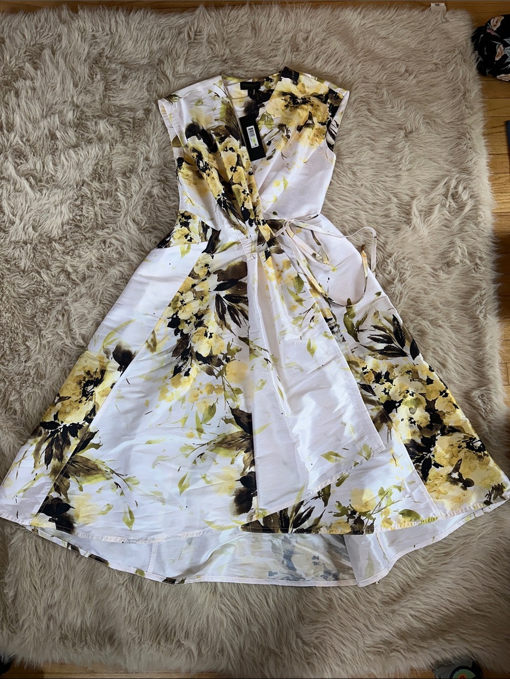Donna Karan New York Floral Wrap Dress in White, Yellow & Black NWT